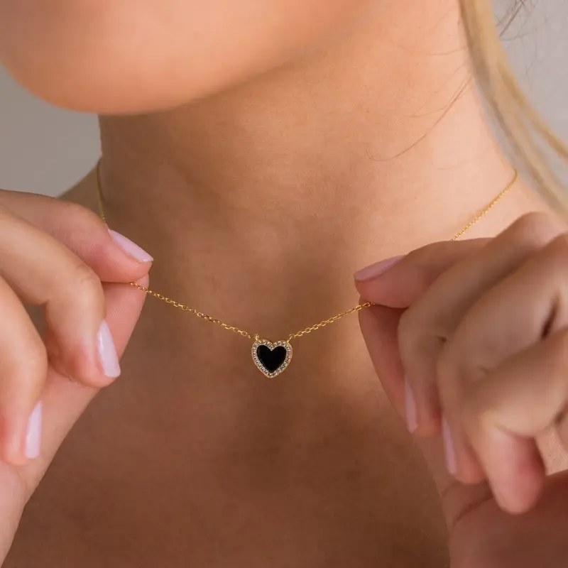 Minimalist Pave Onyx Heart Necklace Gift For Her