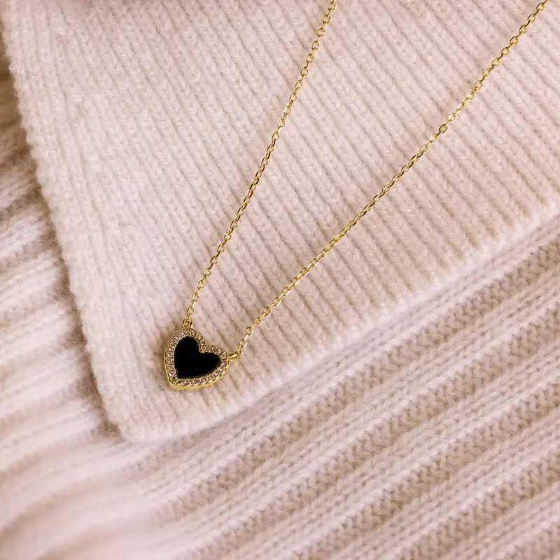 Minimalist Pave Onyx Heart Necklace Gift For Her