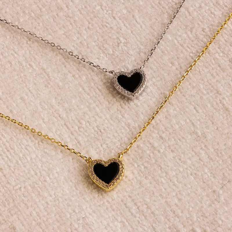 Minimalist Pave Onyx Heart Necklace Gift For Her