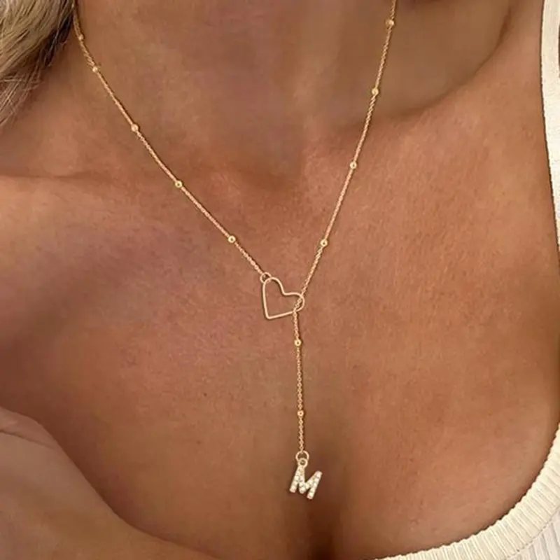 Women's Yellow Gold Heart-shaped Lasso Letter Pendant Necklace