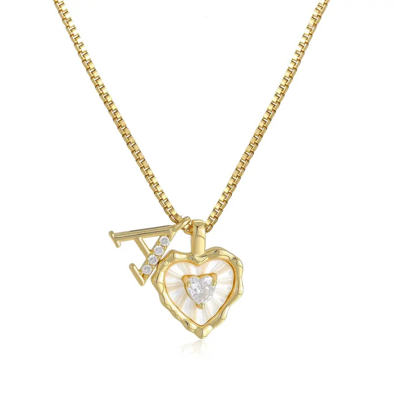 Yellow Gold Box Chain Scalloped Shell Heart Initial Necklace