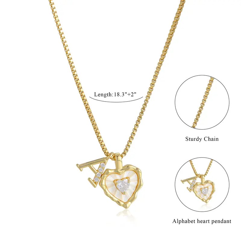 Yellow Gold Box Chain Scalloped Shell Heart Initial Necklace