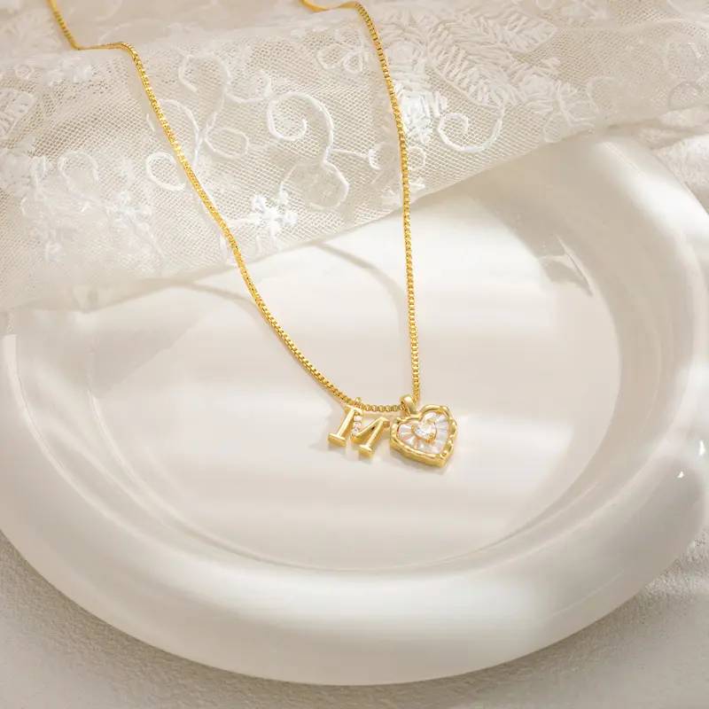 Yellow Gold Box Chain Scalloped Shell Heart Initial Necklace