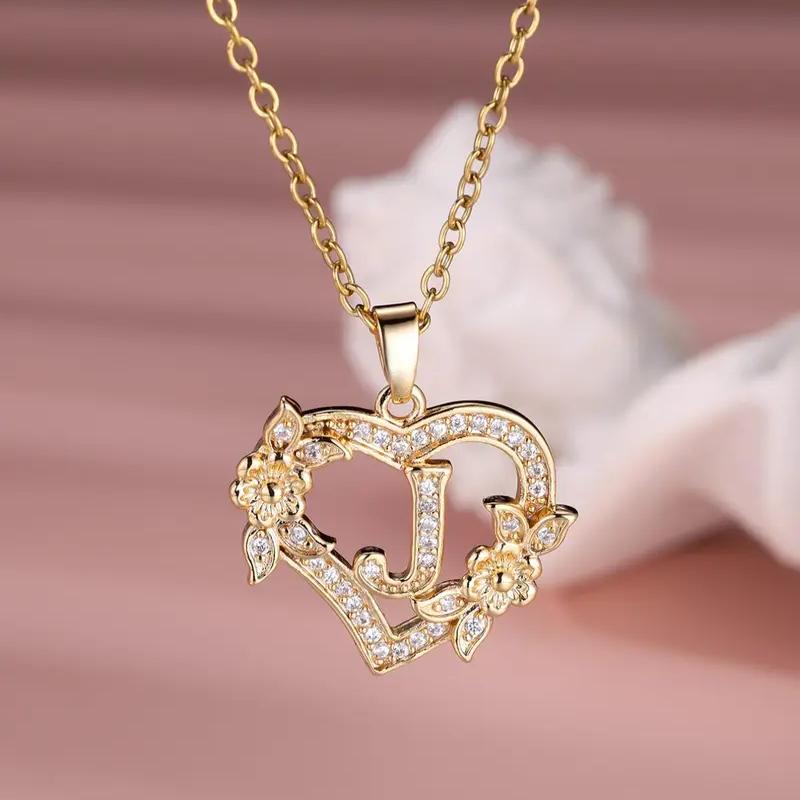 Elegant Yellow Gold Sterling Silver Heart Shaped Flower Decor Initial Pendant Necklace