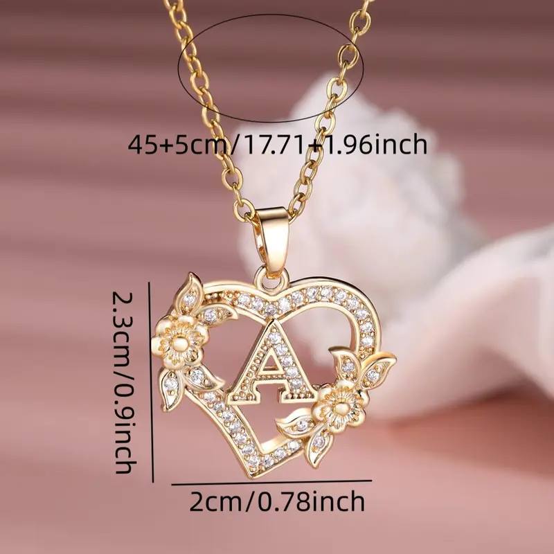 Elegant Yellow Gold Sterling Silver Heart Shaped Flower Decor Initial Pendant Necklace