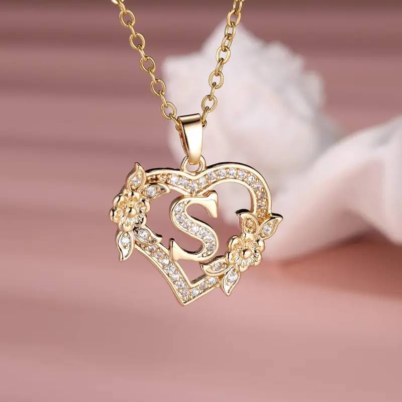 Elegant Yellow Gold Sterling Silver Heart Shaped Flower Decor Initial Pendant Necklace