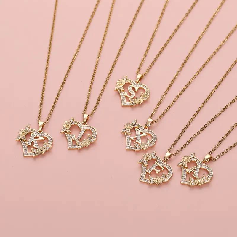 Elegant Yellow Gold Sterling Silver Heart Shaped Flower Decor Initial Pendant Necklace