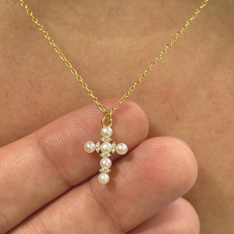 Minimalist Yellow Gold 925 Sterling Silver Freshwater Pearl Cross Pendant Necklace