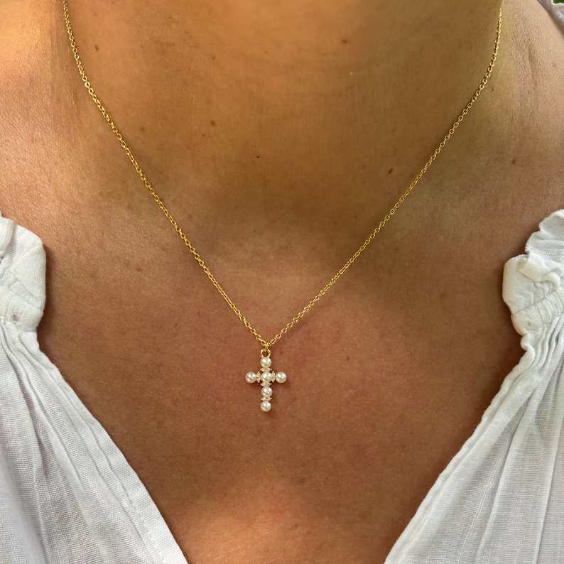 Minimalist Yellow Gold 925 Sterling Silver Freshwater Pearl Cross Pendant Necklace