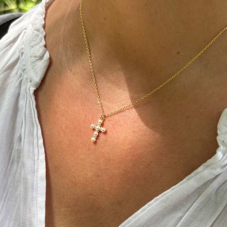 Minimalist Yellow Gold 925 Sterling Silver Freshwater Pearl Cross Pendant Necklace