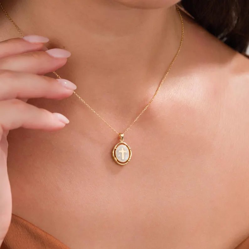 Minimalist Yellow Gold 925 Sterling Silver Pearl White Vintage Cross Pendant Necklace
