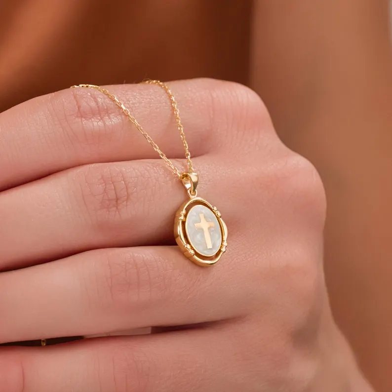 Minimalist Yellow Gold 925 Sterling Silver Pearl White Vintage Cross Pendant Necklace