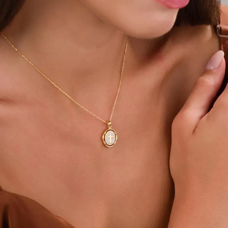 Minimalist Yellow Gold 925 Sterling Silver Pearl White Vintage Cross Pendant Necklace