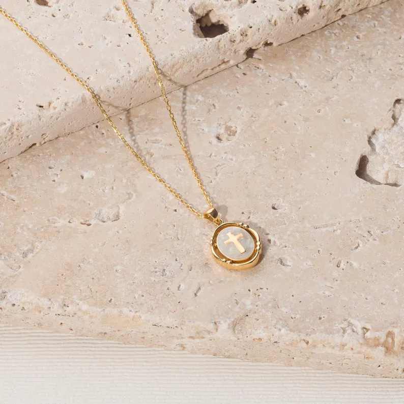 Minimalist Yellow Gold 925 Sterling Silver Pearl White Vintage Cross Pendant Necklace