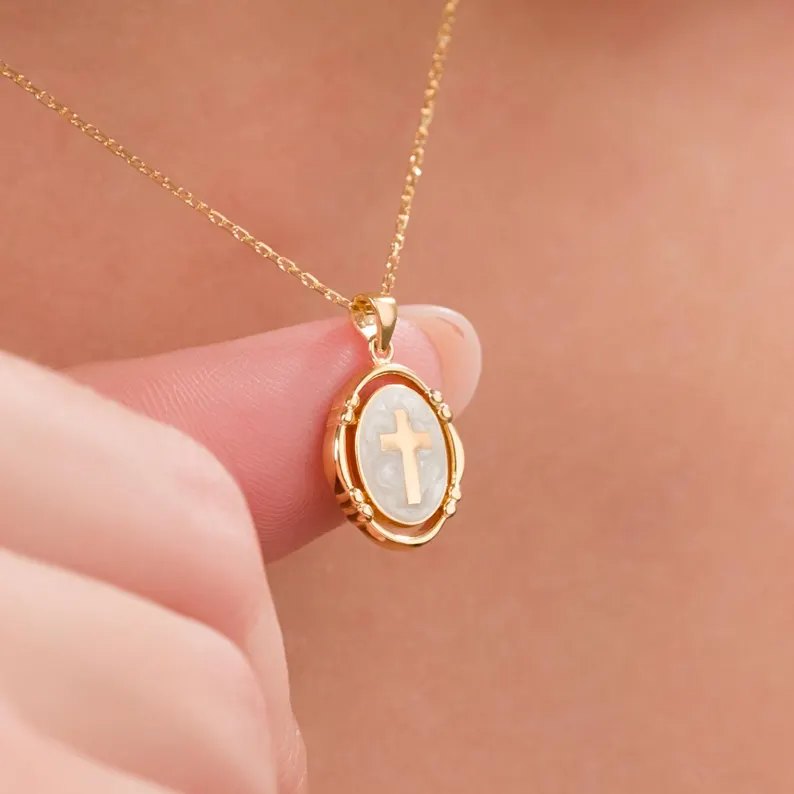 Minimalist Yellow Gold 925 Sterling Silver Pearl White Vintage Cross Pendant Necklace