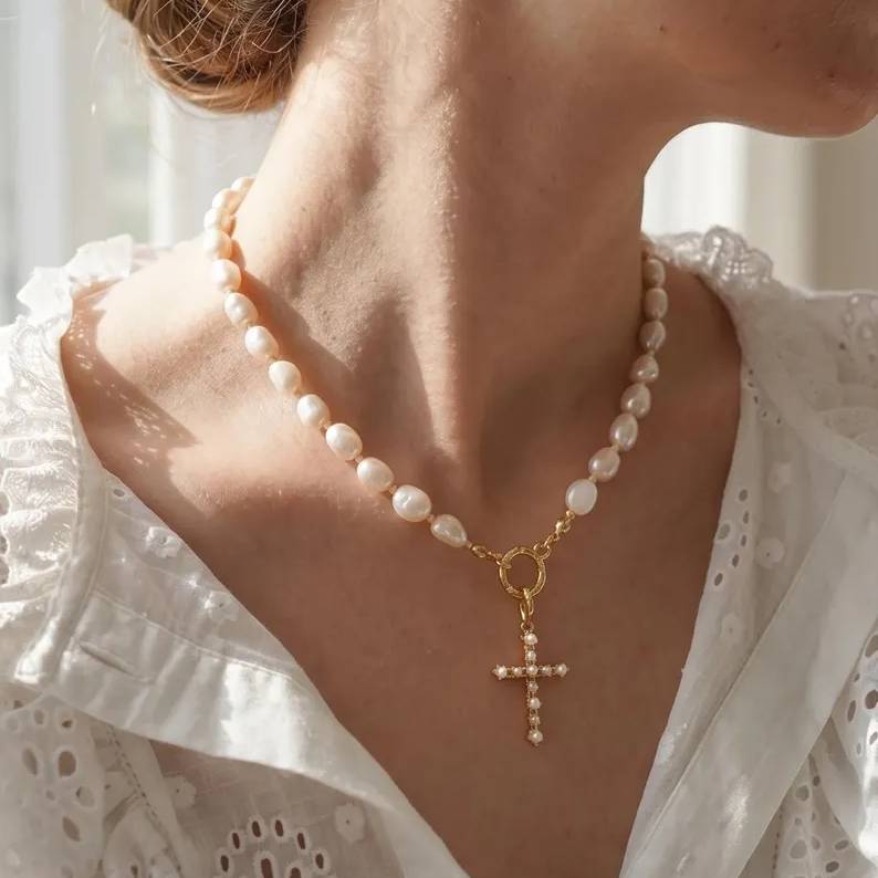 Natural Yellow Gold 925 Sterling Silver Freshwater Baroque Pearl Cross Pendant Necklace