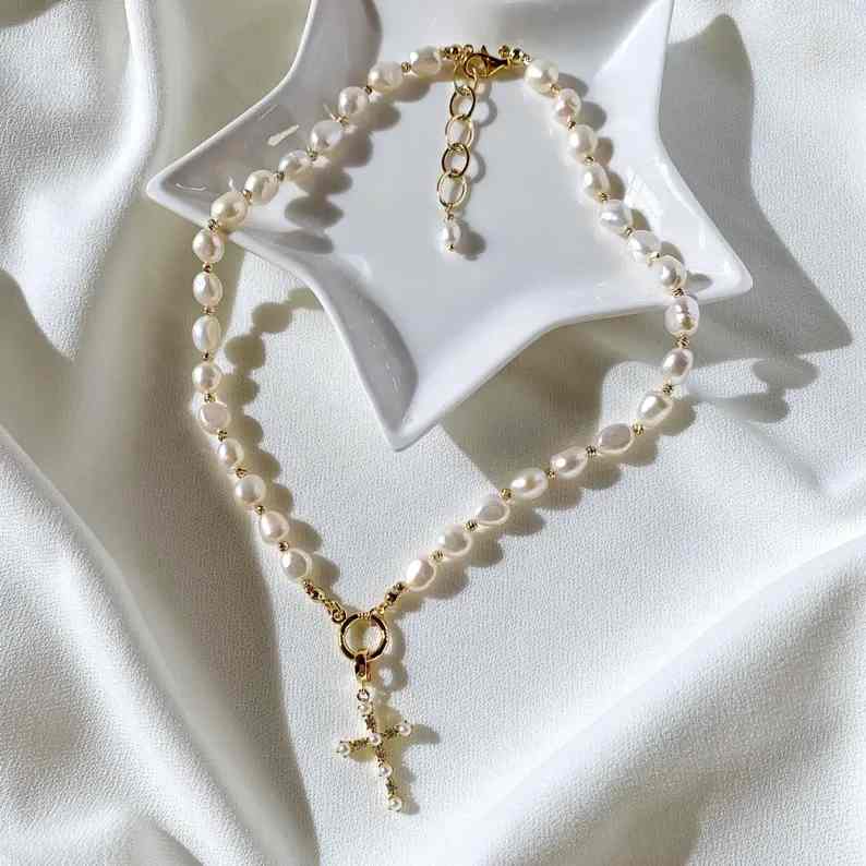 Natural Yellow Gold 925 Sterling Silver Freshwater Baroque Pearl Cross Pendant Necklace