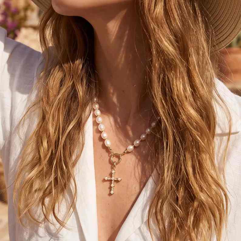Natural Yellow Gold 925 Sterling Silver Freshwater Baroque Pearl Cross Pendant Necklace