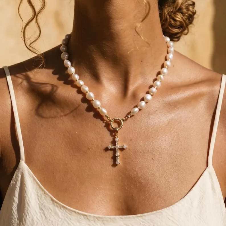 Natural Yellow Gold 925 Sterling Silver Freshwater Baroque Pearl Cross Pendant Necklace