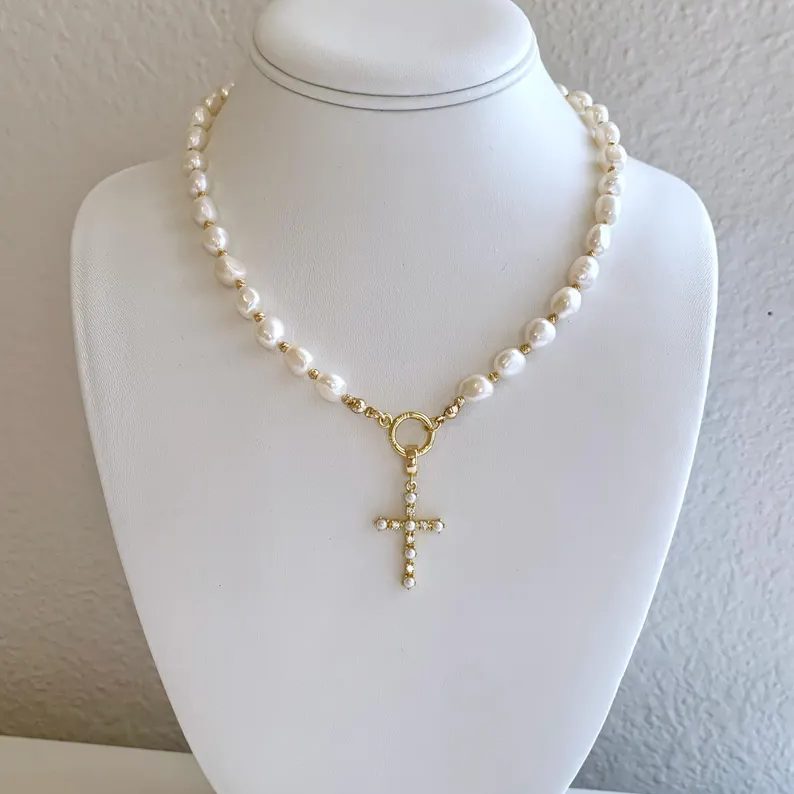 Natural Yellow Gold 925 Sterling Silver Freshwater Baroque Pearl Cross Pendant Necklace