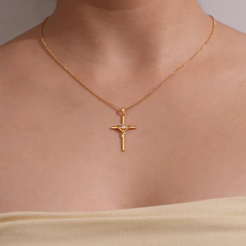 Christian Yellow Gold 925 Sterling Silver Cross & Heart Pendant Necklace
