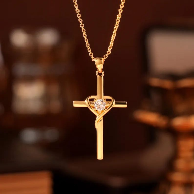 Christian Yellow Gold 925 Sterling Silver Cross & Heart Pendant Necklace