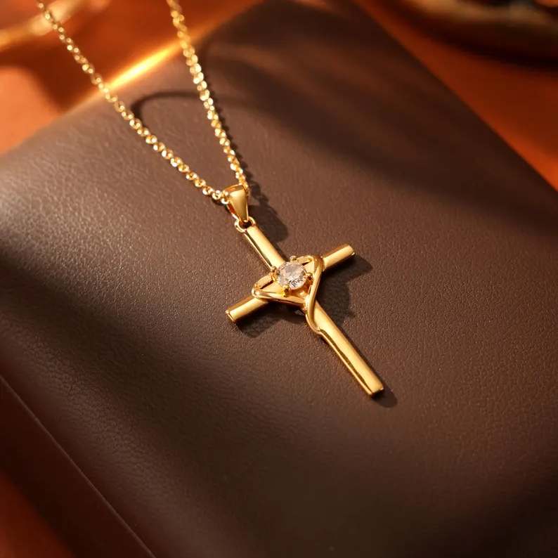 Christian Yellow Gold 925 Sterling Silver Cross & Heart Pendant Necklace