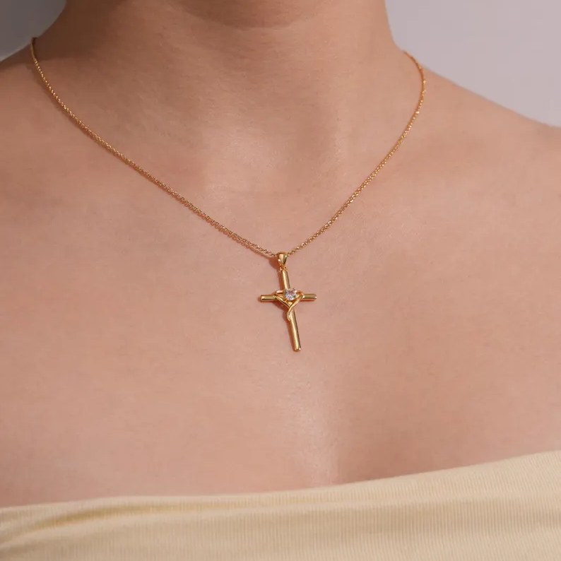 Christian Yellow Gold 925 Sterling Silver Cross & Heart Pendant Necklace