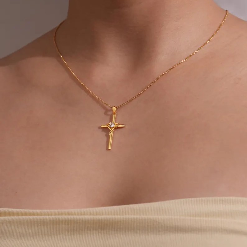 Christian Yellow Gold 925 Sterling Silver Cross & Heart Pendant Necklace