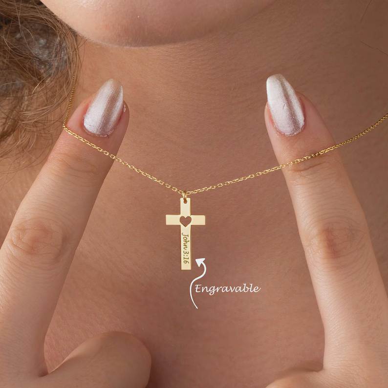 Personalized Hollowed-out Heart Cross Yellow Gold 925 Sterling Silver Engraved Name Pendant Necklace