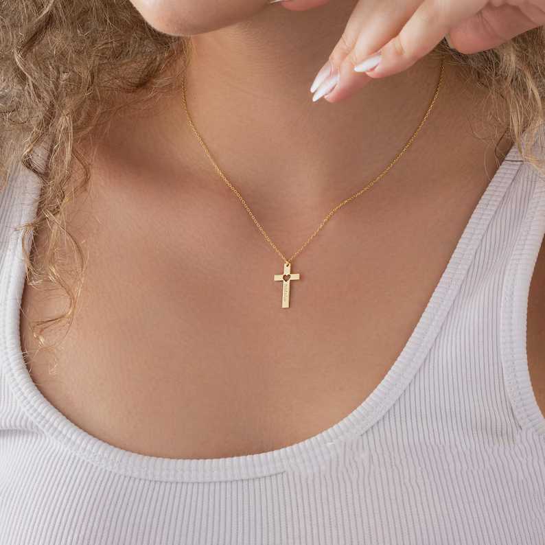 Personalized Hollowed-out Heart Cross Yellow Gold 925 Sterling Silver Engraved Name Pendant Necklace