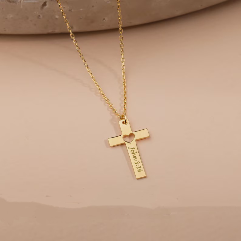 Personalized Hollowed-out Heart Cross Yellow Gold 925 Sterling Silver Engraved Name Pendant Necklace