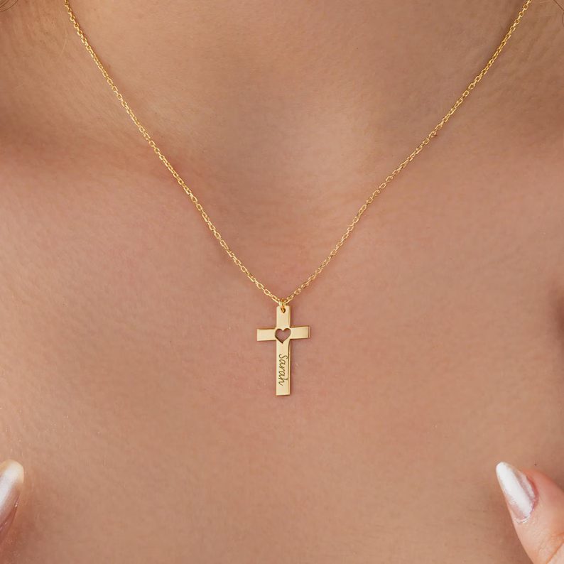Personalized Hollowed-out Heart Cross Yellow Gold 925 Sterling Silver Engraved Name Pendant Necklace