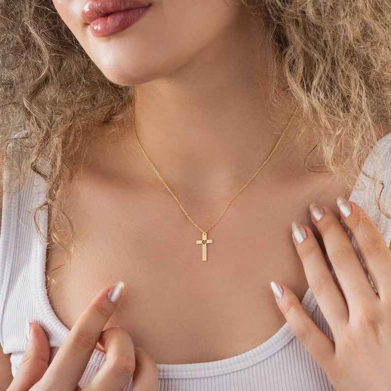 Personalized Hollowed-out Heart Cross Yellow Gold 925 Sterling Silver Engraved Name Pendant Necklace