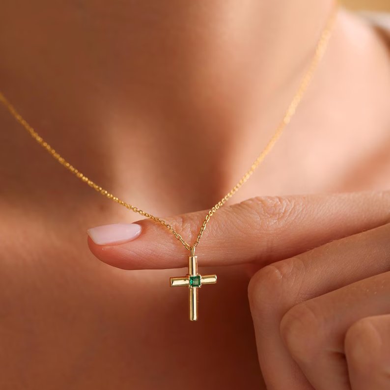 Minimalist 925 Sterling Silver Birthstone Cross Pendant Necklace