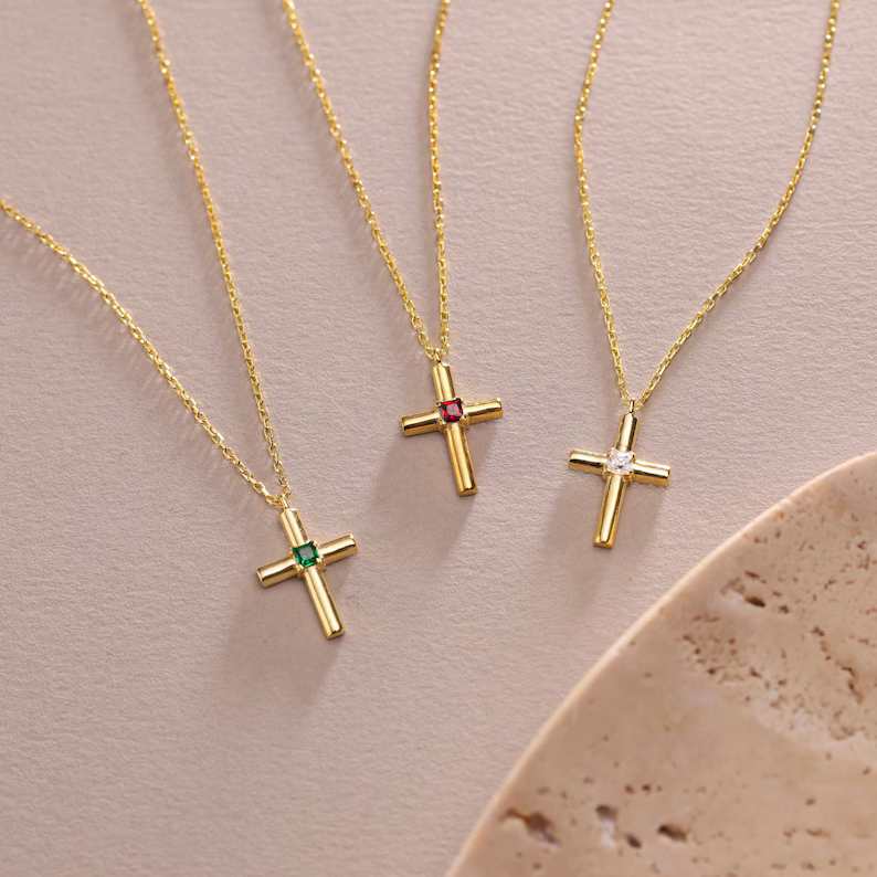 Minimalist 925 Sterling Silver Birthstone Cross Pendant Necklace
