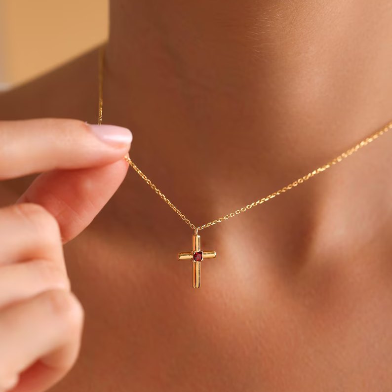 Minimalist 925 Sterling Silver Birthstone Cross Pendant Necklace