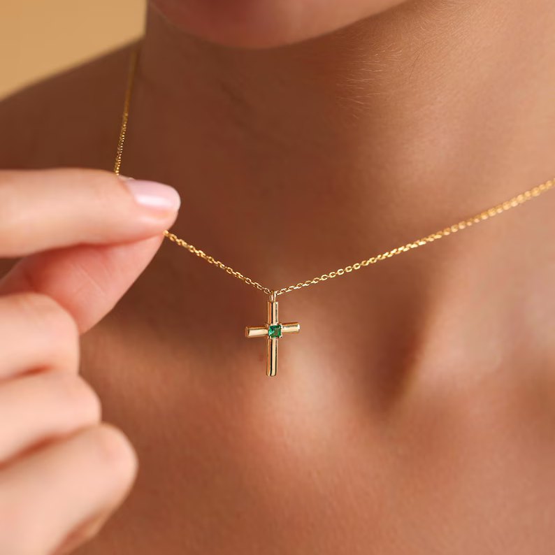 Minimalist 925 Sterling Silver Birthstone Cross Pendant Necklace