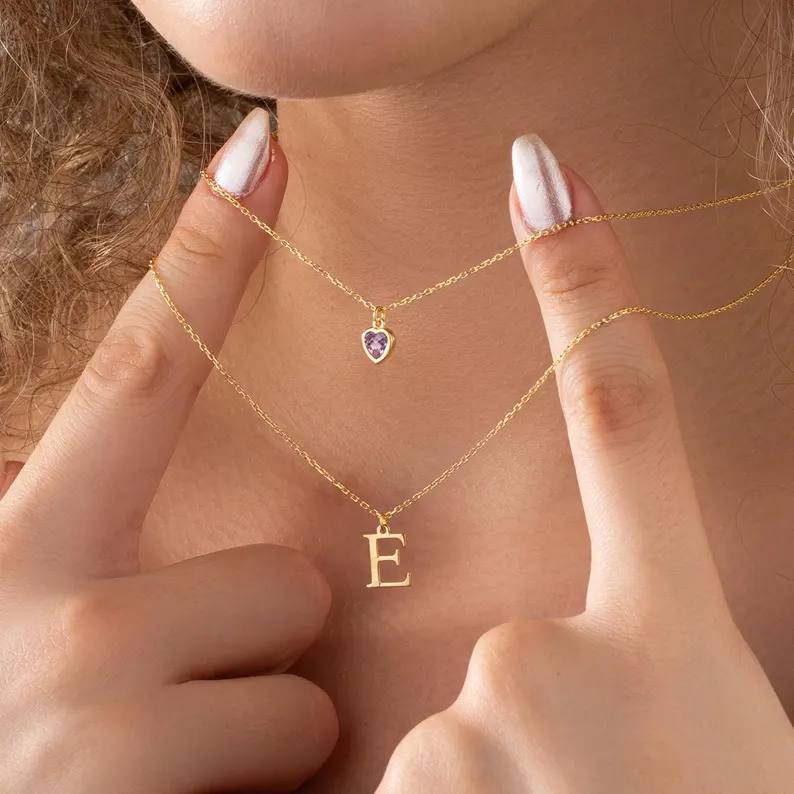 Personalized Birthstone and Layered Initial Pendant Necklace