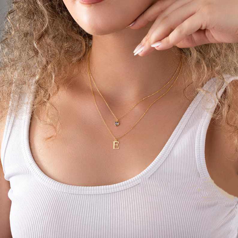 Personalized Birthstone and Layered Initial Pendant Necklace