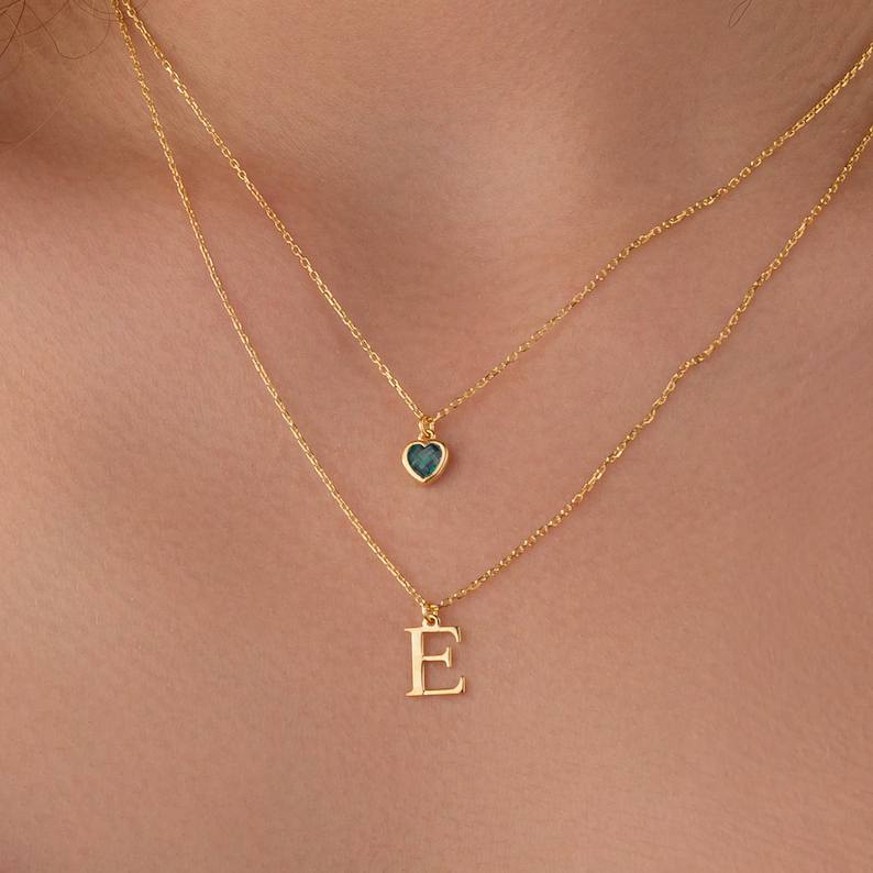 Personalized Birthstone and Layered Initial Pendant Necklace