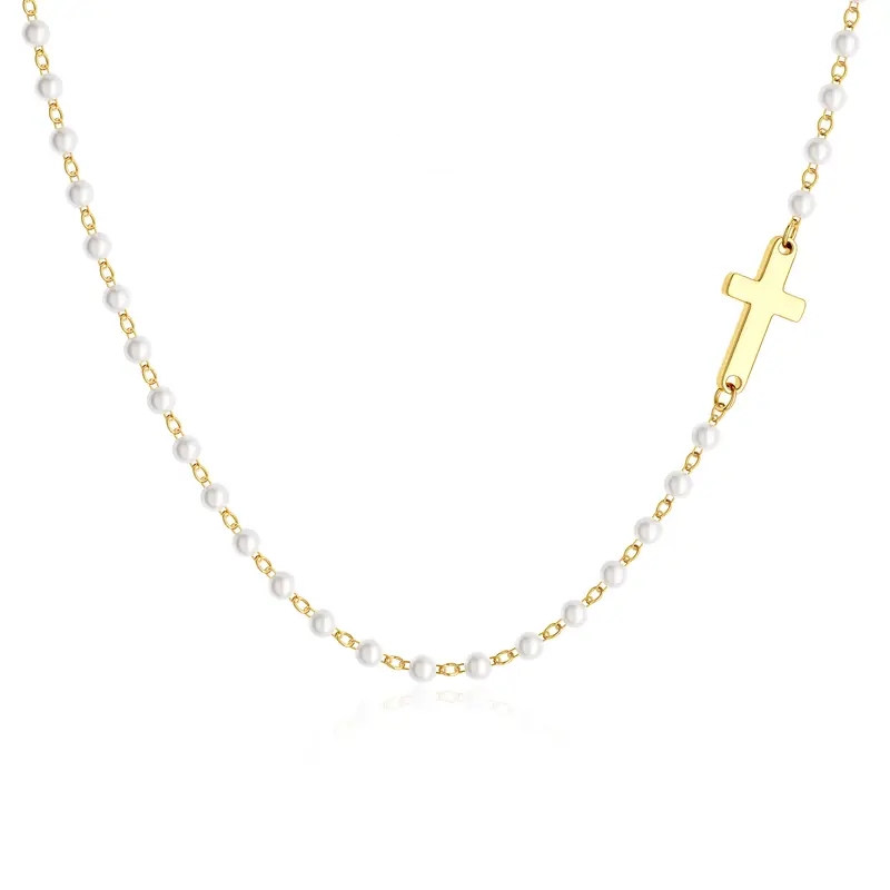 Minimalist Dainty Natural Freshwater Natural Freshwater Yellow Gold Sterling Silver Cross Necklace
