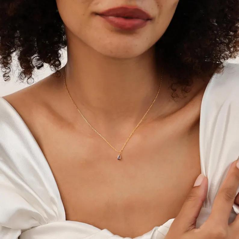 Minimalist 925 Sterling Silver Pear Birthstone Pendant Necklace