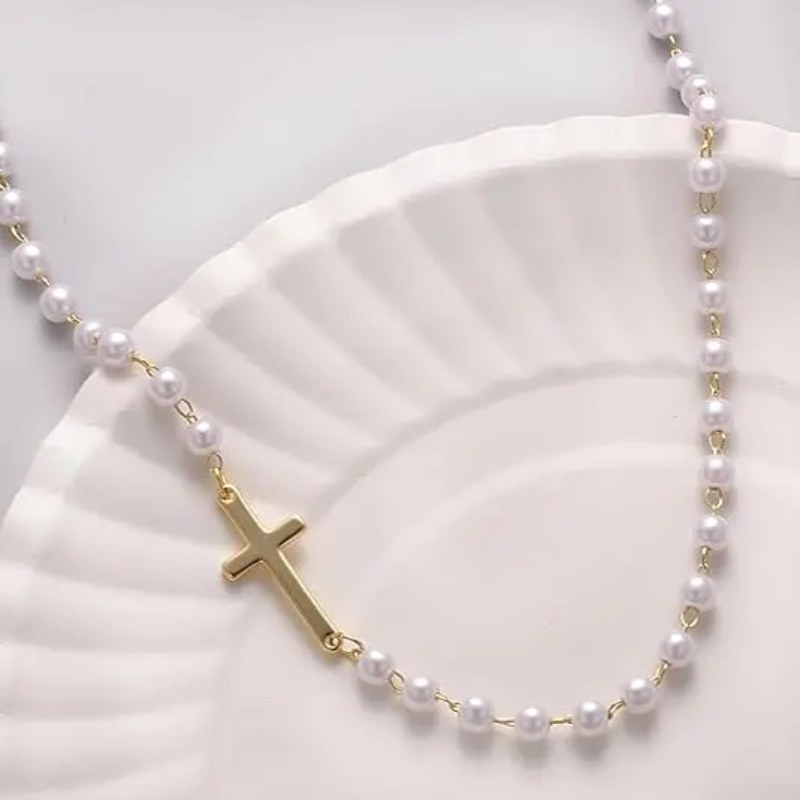 Minimalist Dainty Natural Freshwater Natural Freshwater Yellow Gold Sterling Silver Cross Necklace