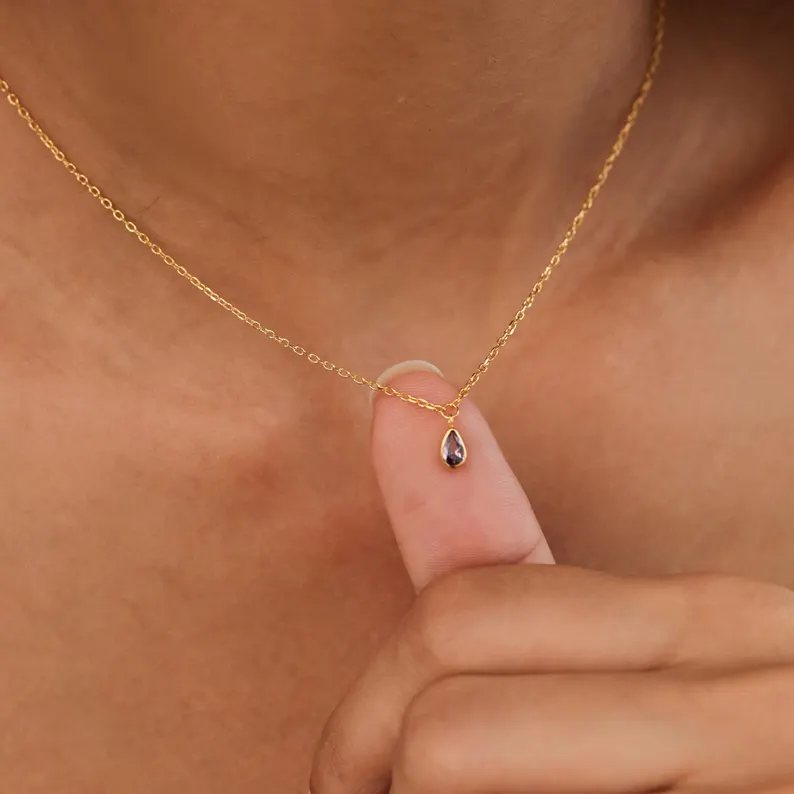 Minimalist 925 Sterling Silver Pear Birthstone Pendant Necklace