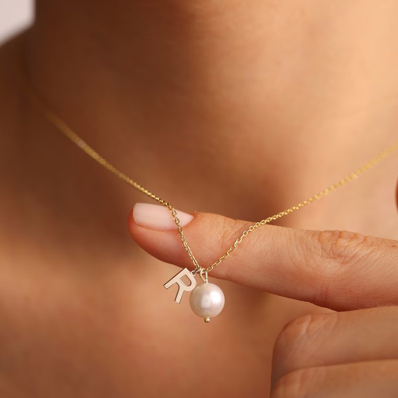 Dainty Yellow Gold 925 Sterling Silver Pearl Initial Pendant Necklace