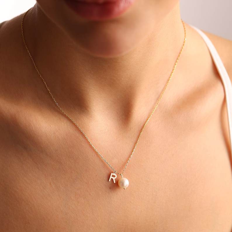 Dainty Yellow Gold 925 Sterling Silver Pearl Initial Pendant Necklace