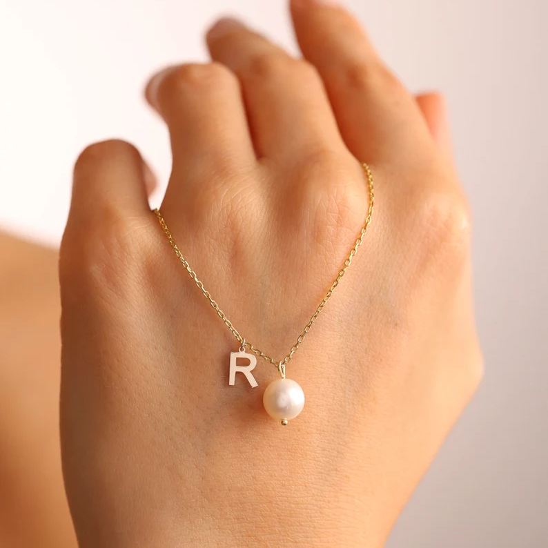 Dainty Yellow Gold 925 Sterling Silver Pearl Initial Pendant Necklace