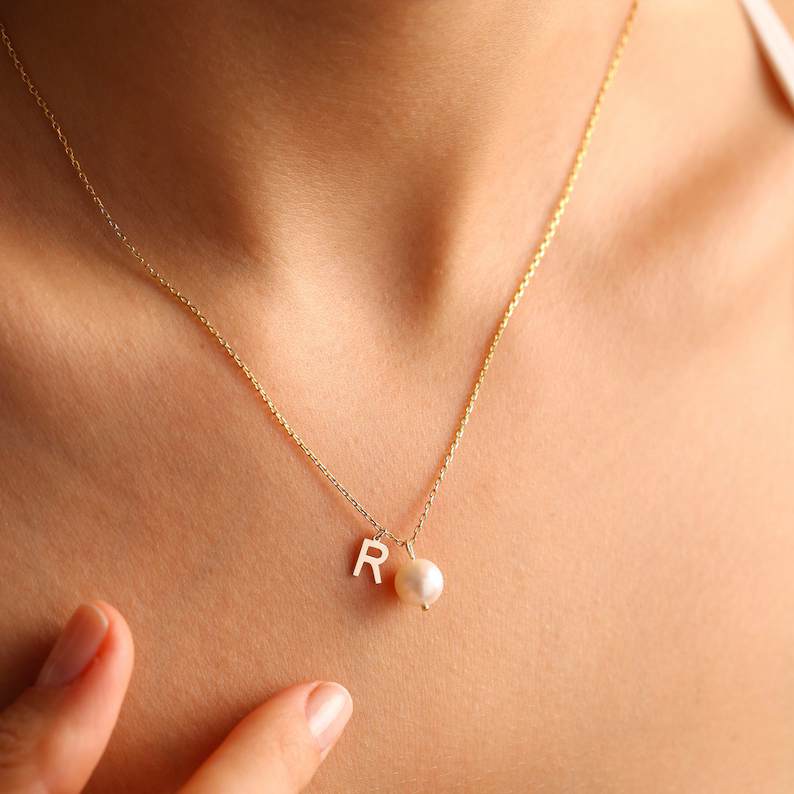 Dainty Yellow Gold 925 Sterling Silver Pearl Initial Pendant Necklace