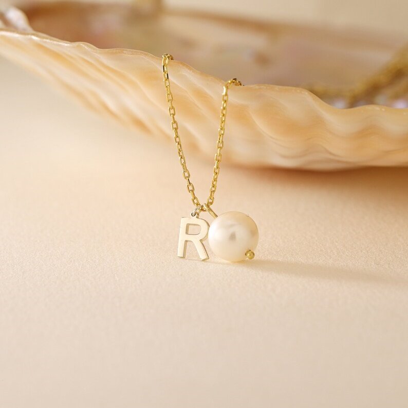 Dainty Yellow Gold 925 Sterling Silver Pearl Initial Pendant Necklace